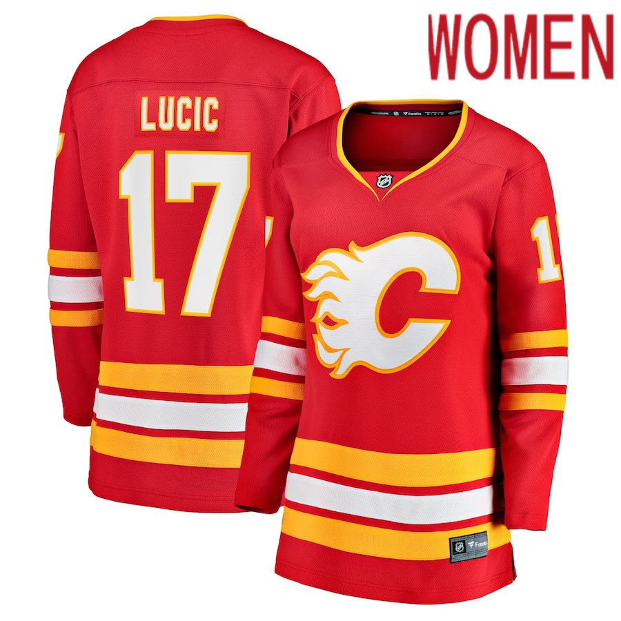 Women Calgary Flames 17 Milan Lucic Fanatics Branded Red Home Breakaway Player NHL Jersey